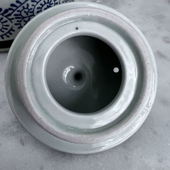 Iga Ware Handcrafted Ceramic Teapot Bamboo Handle Blue White Swirl Design Vtg - Picture 9 of 12